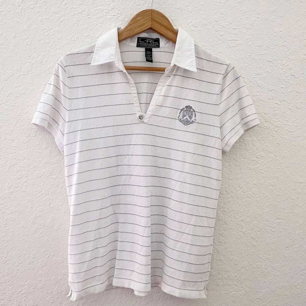 Lauren Active Ralph Lauren Polo Shirt Metallic Stripe Crest Women L White